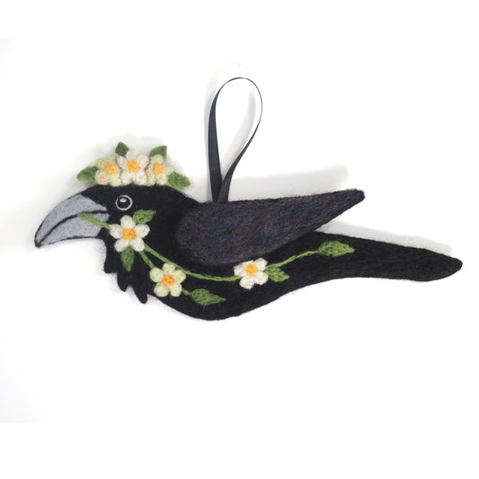 CREAM SPRING GARLAND Wool Needle-Felted Raven Hanging