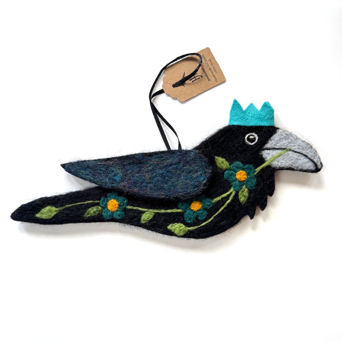 TEAL FLOWERS Wool Needle-Felted Raven Hanging