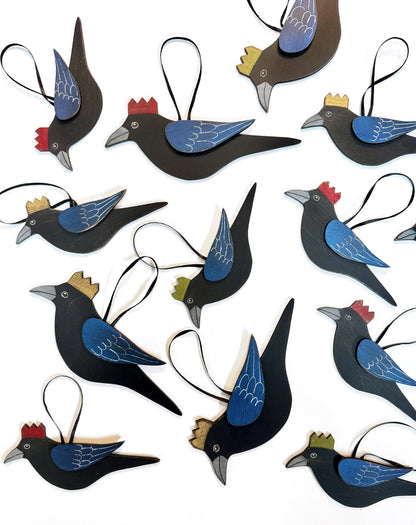 MEDIUM CROW WITH GOLDEN CROWN — Hand-Painted Wooden Crow Hanging