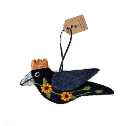 SUNFLOWERS Wool Needle-Felted Crow Hanging