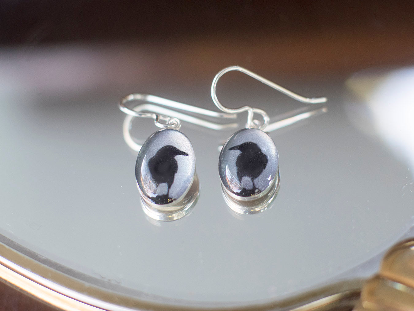 CROW SHADOW - Oval Earrings, Oval Earrings, Silver and Resin