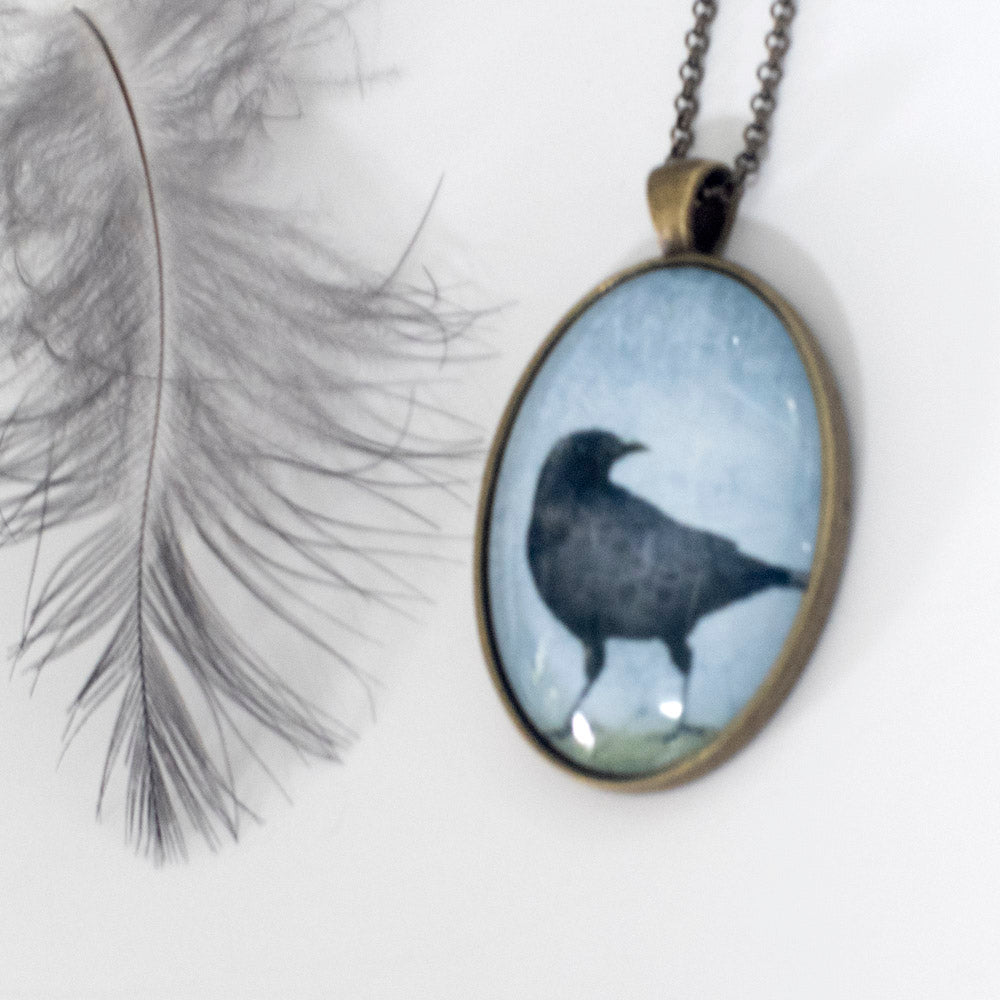 LOOKING BACK CROW - Large Glass Pendant