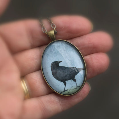 LOOKING BACK CROW - Large Glass Pendant