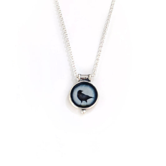 CROW LOOKS BACK - Miniature Pendant, Silver and Resin