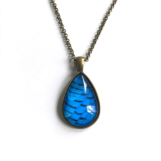 BLUE FEATHERS - Teardrop-Shaped Glass Pendant
