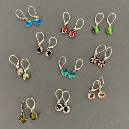 HUMMINGBIRD - Tiny Round Earrings, Silver and Resin